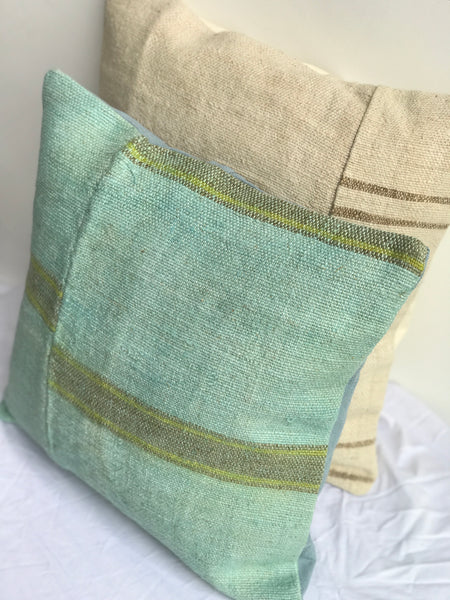 Kilim pillow case, cushion cover. Bohemian, ethnic tribal design. Vintage Anatolian Turkish vintage Kilim. Ethnic pattern, handmade.pillow cushion case. Resort chic minimal stripes, coastal blue. Mediterranean vacation vibes, resort holiday interior deco. 